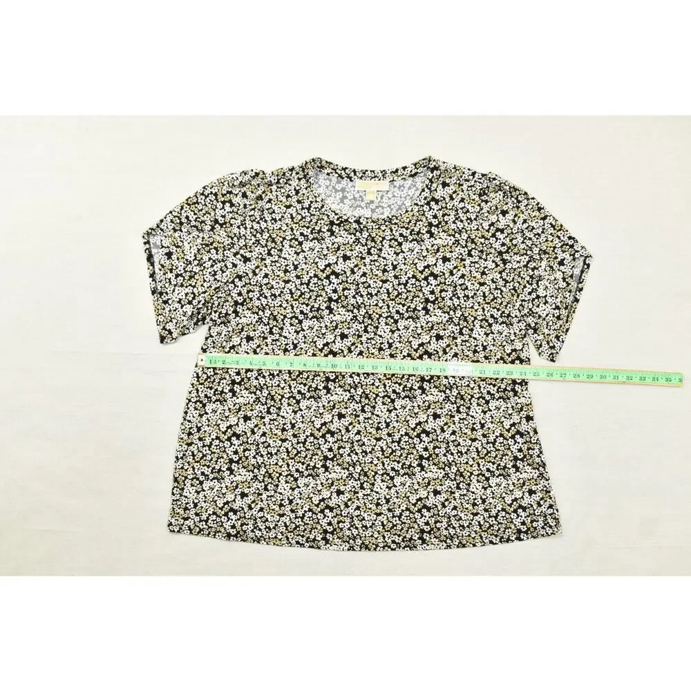 Michael Kors Women's Size 2X Black Gold White Floral Daisy Print Short Sleeve